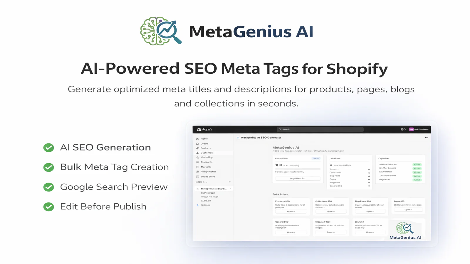 MetaGenius AI SEO Health audit dashboard inside Shopify admin — overall store SEO score with detected issues (missing meta, duplicate titles, thin content, missing alt text, broken links) and a one-click Auto-Fix