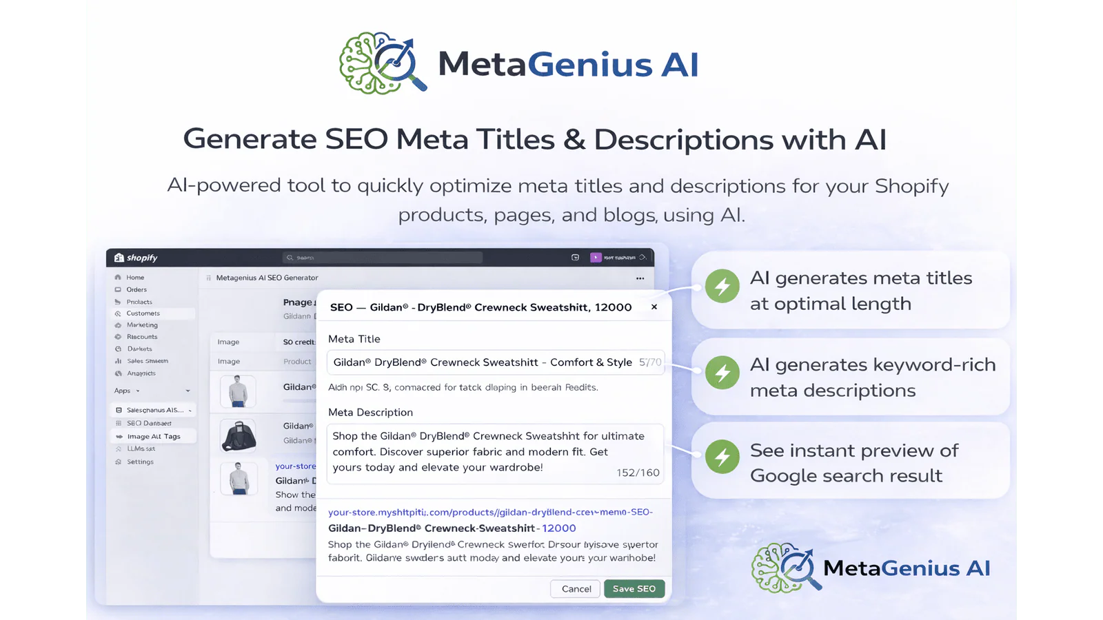 AI content generator showing an optimized meta title and description with character counters, the On-Page Optimizer keyword checklist and score, and a live Google SERP preview before saving