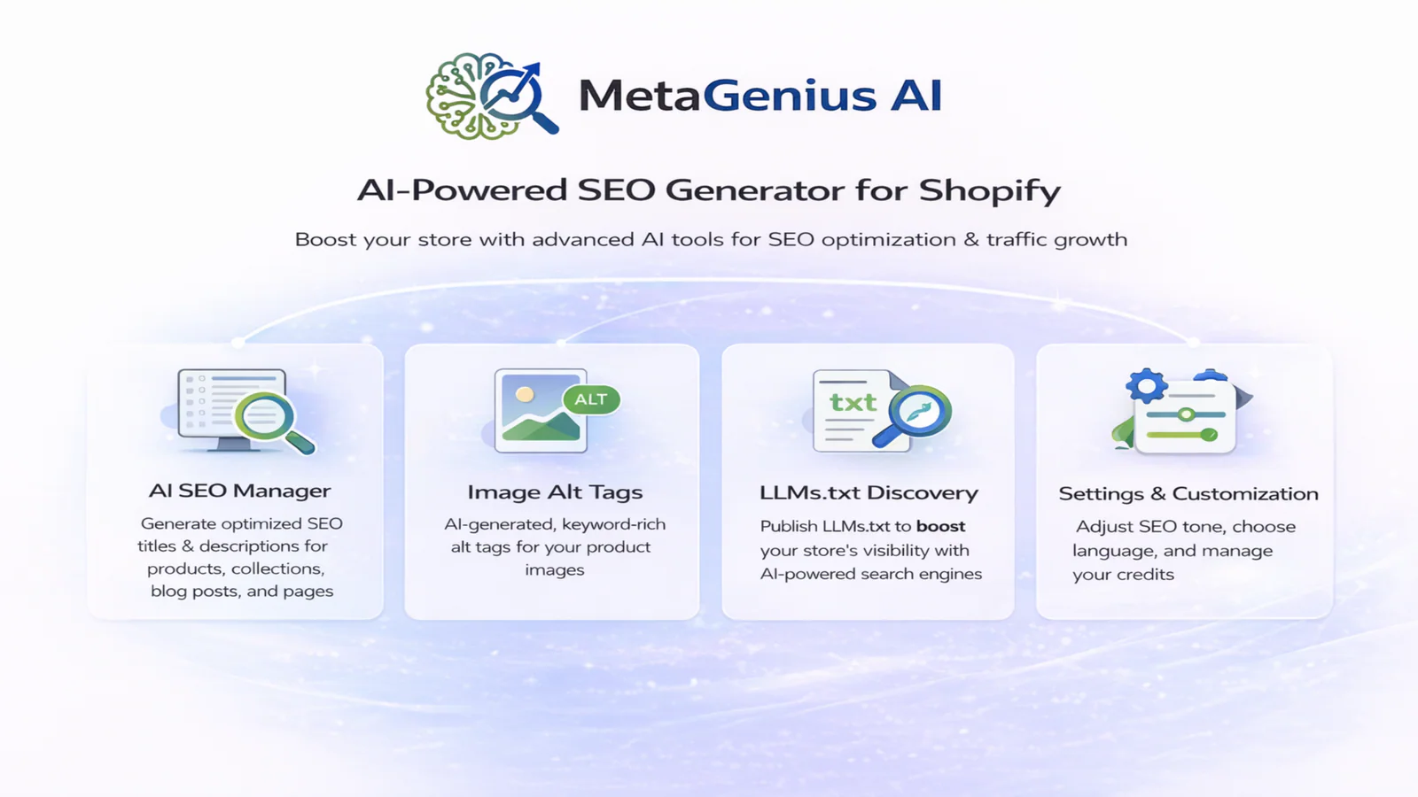 MetaGenius AI suite overview — JSON-LD schema with rich-result previews, SEO Autopilot master toggle and per-behaviour controls, redirect and 404 manager, and settings